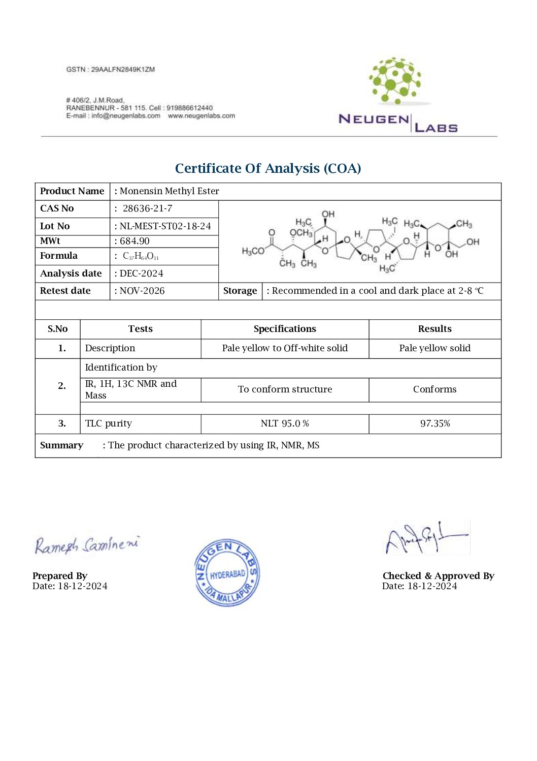 Monensin Methyl Ester COA