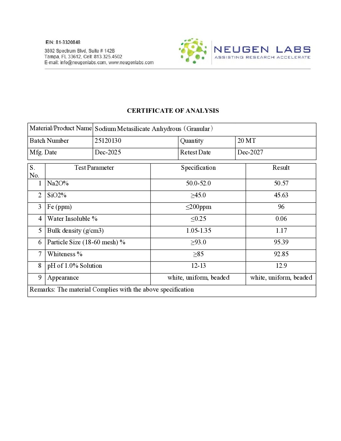 Sodium Metasilicate Anhydrous (Granular) COA – NL – China